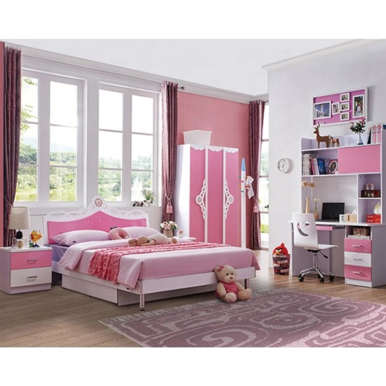 Kids Bedroom Set Bed Storage Desk with drawer Wardrobe Bedside Table Baby Pink