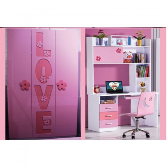 Kids Bedroom Set Bed Storage Desk with drawer Wardrobe Bedside Table With Pink Colour