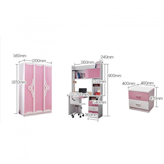 Kids Bedroom Set Bed Storage Desk with drawer Wardrobe Bedside Table Baby Pink