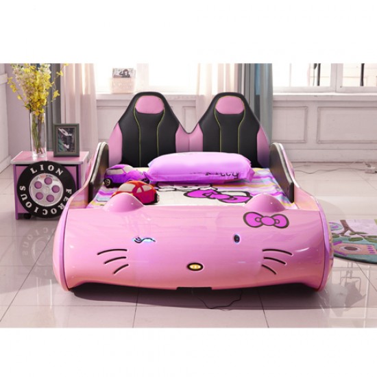 New Kids Car bed 1.2M with Pu Seats/ Music LED Head Light, Girls Race car bed, Pink