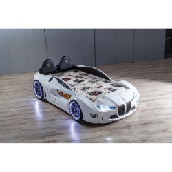 Premium Sports White Racing Car Beds with Lights a...