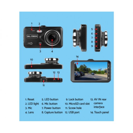 HurryGuru UL Tech 4 Inch Dual Camera Dash Camera - Black