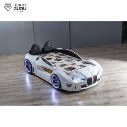 Premium Sports White Racing Car Beds with Lights a...