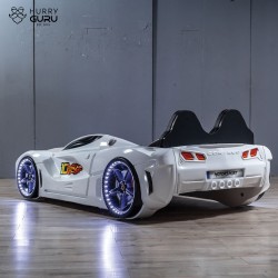 Premium Sports White Racing Car Beds with Lights a...