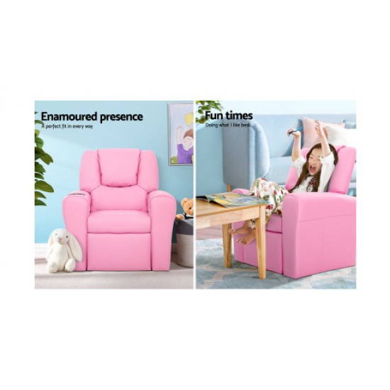 Keezi Kids Recliner Chair Pink PU Leather Sofa Lounge Couch Children Armchair