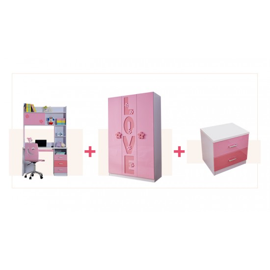 New Kids Love Bed for Girl Bedroom Furniture HDF Quality Full Set, Bed with Love Frame and Accessories