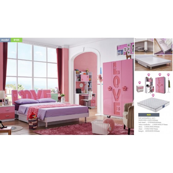 New Kids Love Bed for Girl Bedroom Furniture HDF Quality Full Set, Bed with Love Frame and Accessories