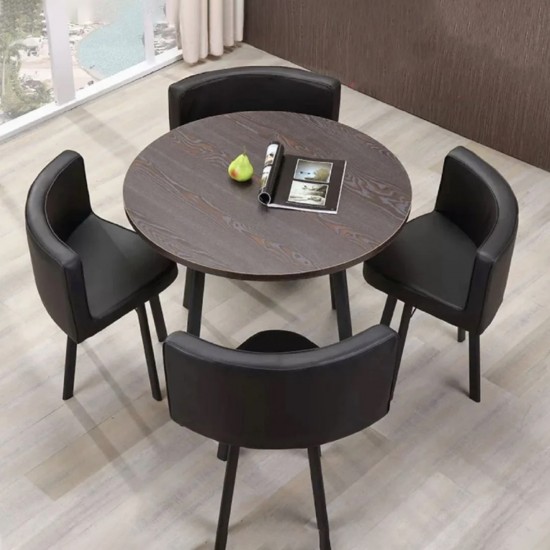 Leather Black Chairs And Dark Brown Wooden Table Top Dining Table