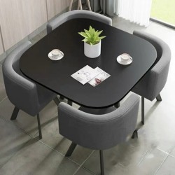Charcoal Grey Fabric Chairs And Black Wooden Table...