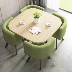 Green fabric chairs And light brown wooden table t...