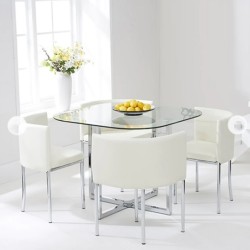 Four white chairs And transparent Glass table top ...