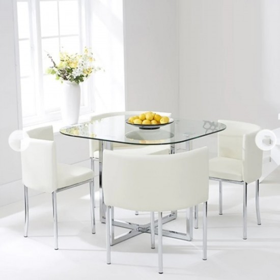 Four white chairs And transparent Glass table top Dining Table 5 pcs set