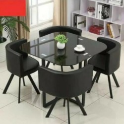 Space Saver BLACK Square Glass Dining Table And 4 Chairs Set