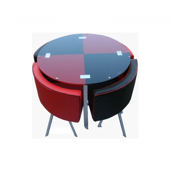 Space Saver BLACK And RED Round Glass Dining Table And 4 Chairs Set