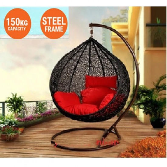 Black Basket With Red Hanging Swing Cushion Egg Chair Outdoor Swing