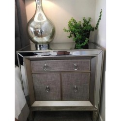 New Large Vintage Mirrored Bedside Table With Fabric Drawers