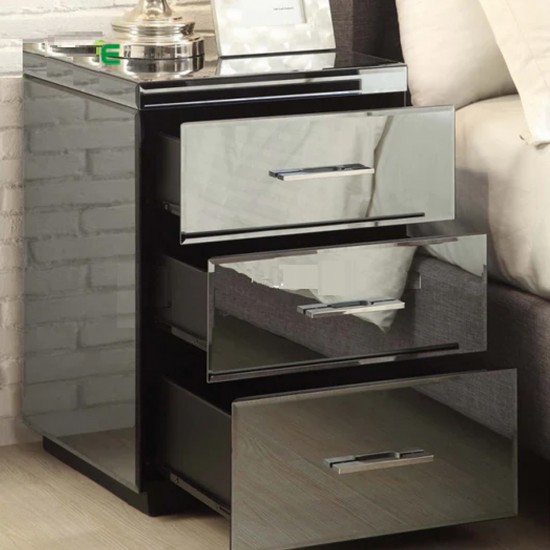 2 Smoked Mirrored Bedside Table With 3 Drawers 