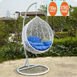  White and Blue Hanging Swing Cushion Egg Chair Ou...