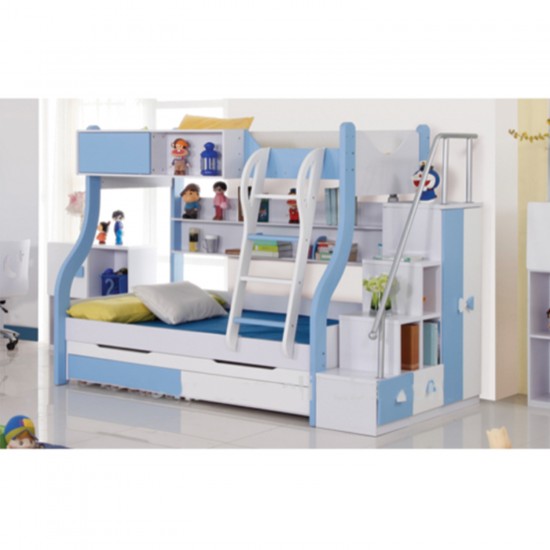 Single Over Double Blue Slide Bunk Bed Trundle Staircase Drawers Childrens Bedroom