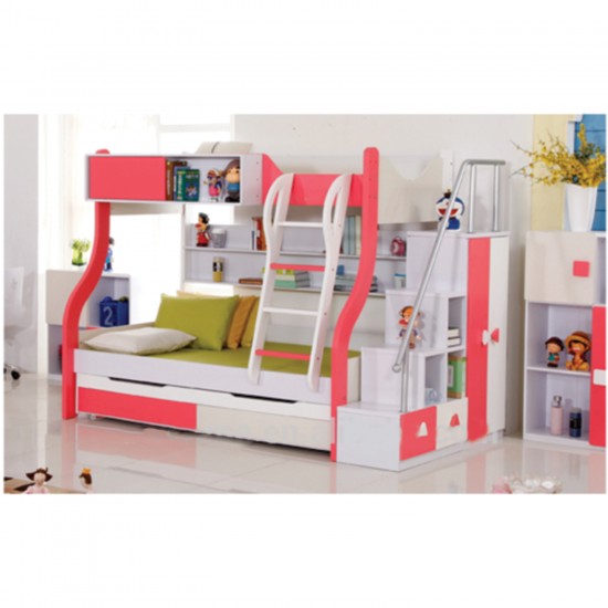  Single Over Double Bunk Pink Bed Trundle Staircase Drawers Children Bedroom