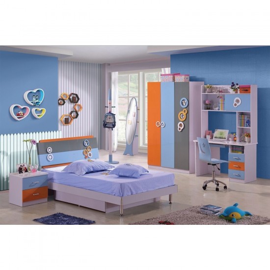 Kids Bedroom Set Bed Storage Desk with drawer Wardrobe Bedside Table With Orange with Blue 