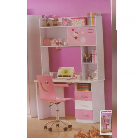 Pink girls Study Desk and Chair Set With Bookshelves Drawers
