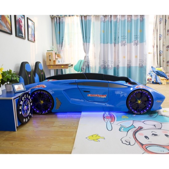 New Kids Car Bed  Front-Look Race Car Bed with LED Lights and Music Player, Blue Color Kids Car Bed