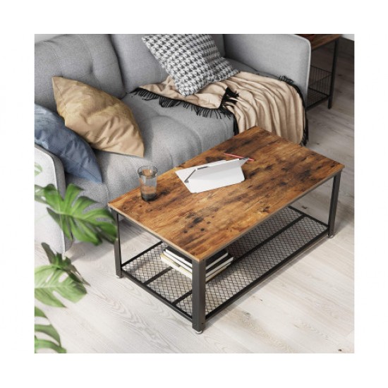 Hurry Guru Coffee Table with Metal Frame Storage Shelf Rustic Brown
