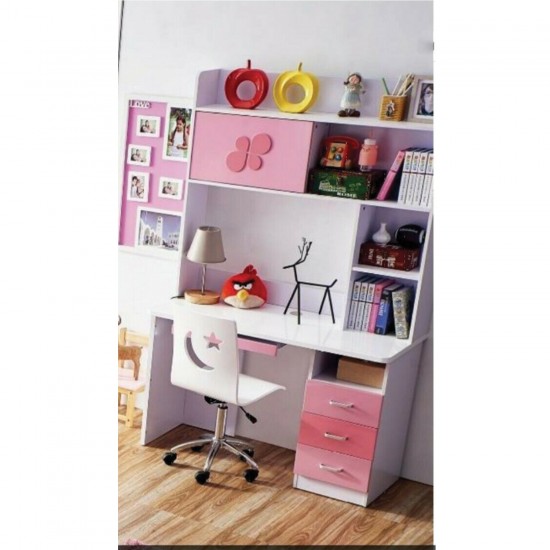 Children Pink Study Desk and Chair Set With Bookshelves Drawers