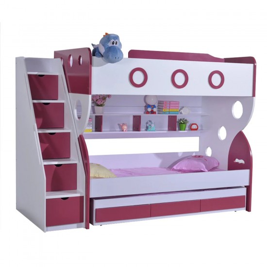  King Single Purple Bunk Bed Trundle Staircase Drawers Children Bedroom